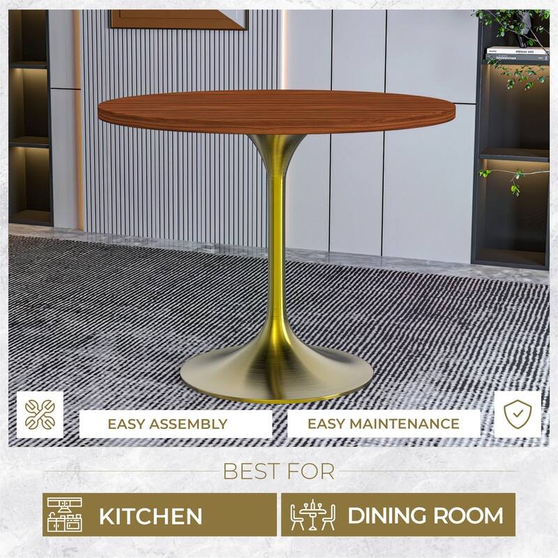 LeisureMod Verve 36" Round Dining Table with MDF Wood TableTop and Brushed Gold Base for Kitchen & Dining Room