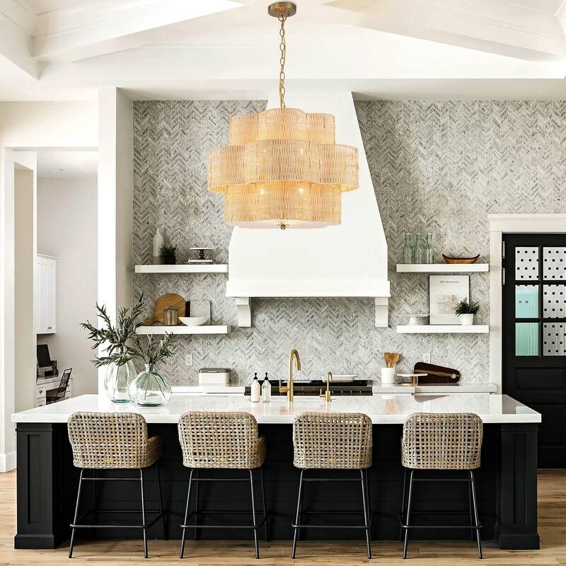 C Cattleya 6-Light Natural Rattan Chandelier with 3-Tier Hand Woven Flower-Shaped Shade - 24-inch