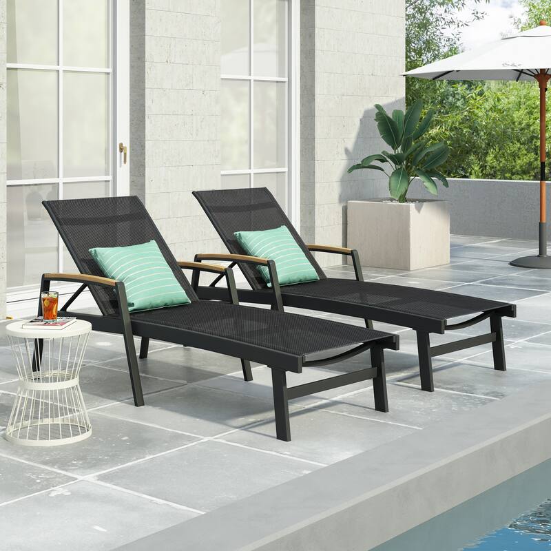 Roomfitters Oaxton Outdoor Aluminum Chaise Lounge with Mesh Seat, Adjustable Recliner, Set of 2