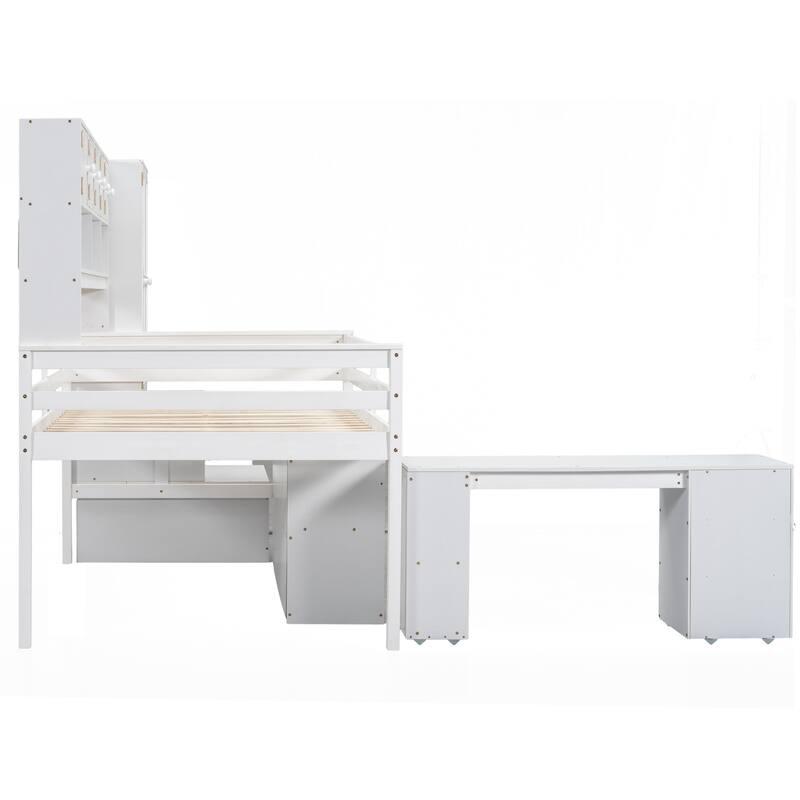 White Full Size Wooden Loft Bed with Integrated Wardrobe, Under-bed Desk, Drawers, with Shelves