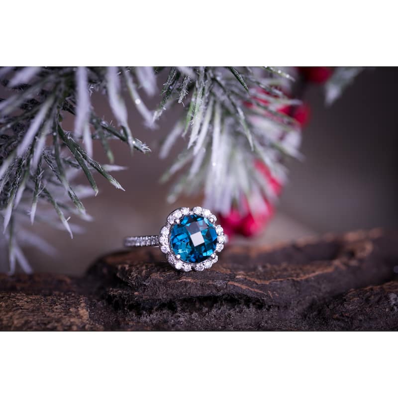 Auriya Vintage 3 1/10ct Fancy Swiss Blue Topaz and Halo Diamond Engagement Ring 3/8ct Fancy 14k Gold