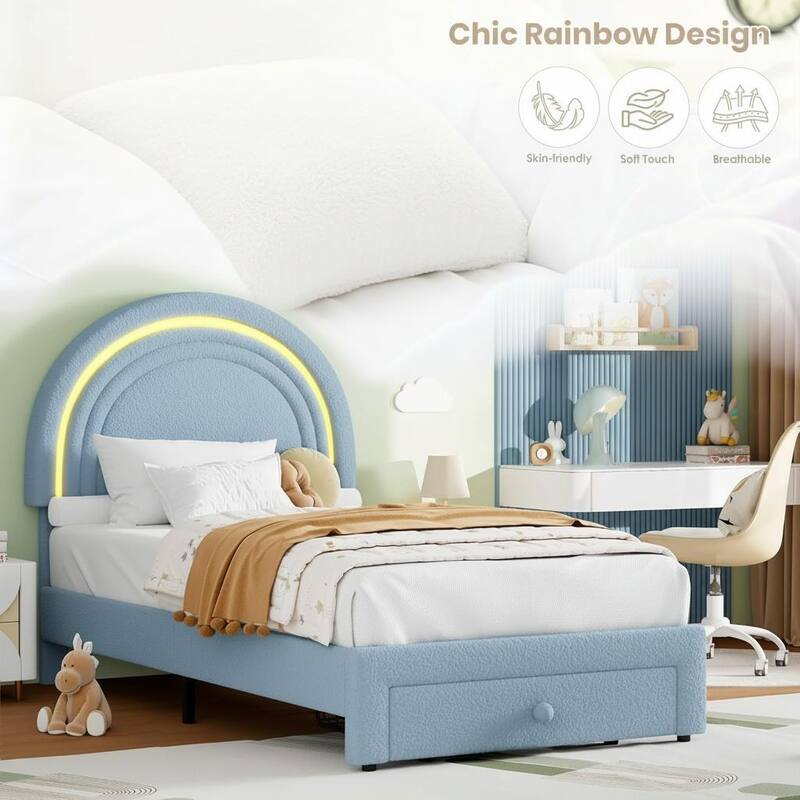 Upholstered LED Bed Frame, with Storage Drawer