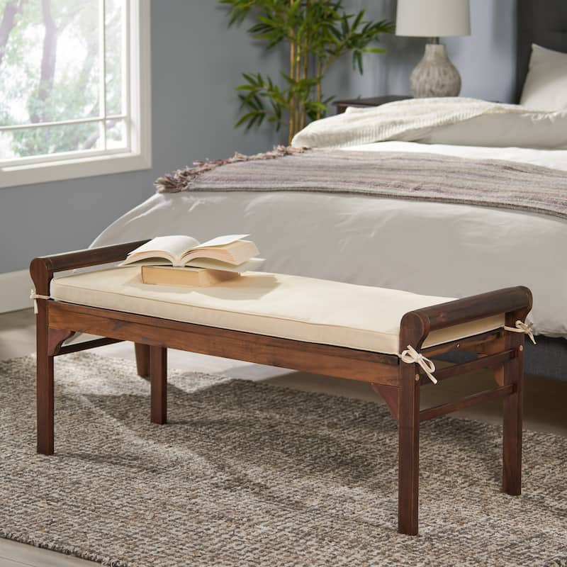 Nelson Rustic Acacia Wood Bench with Cushion by Christopher Knight Home - Mahogany+Cream