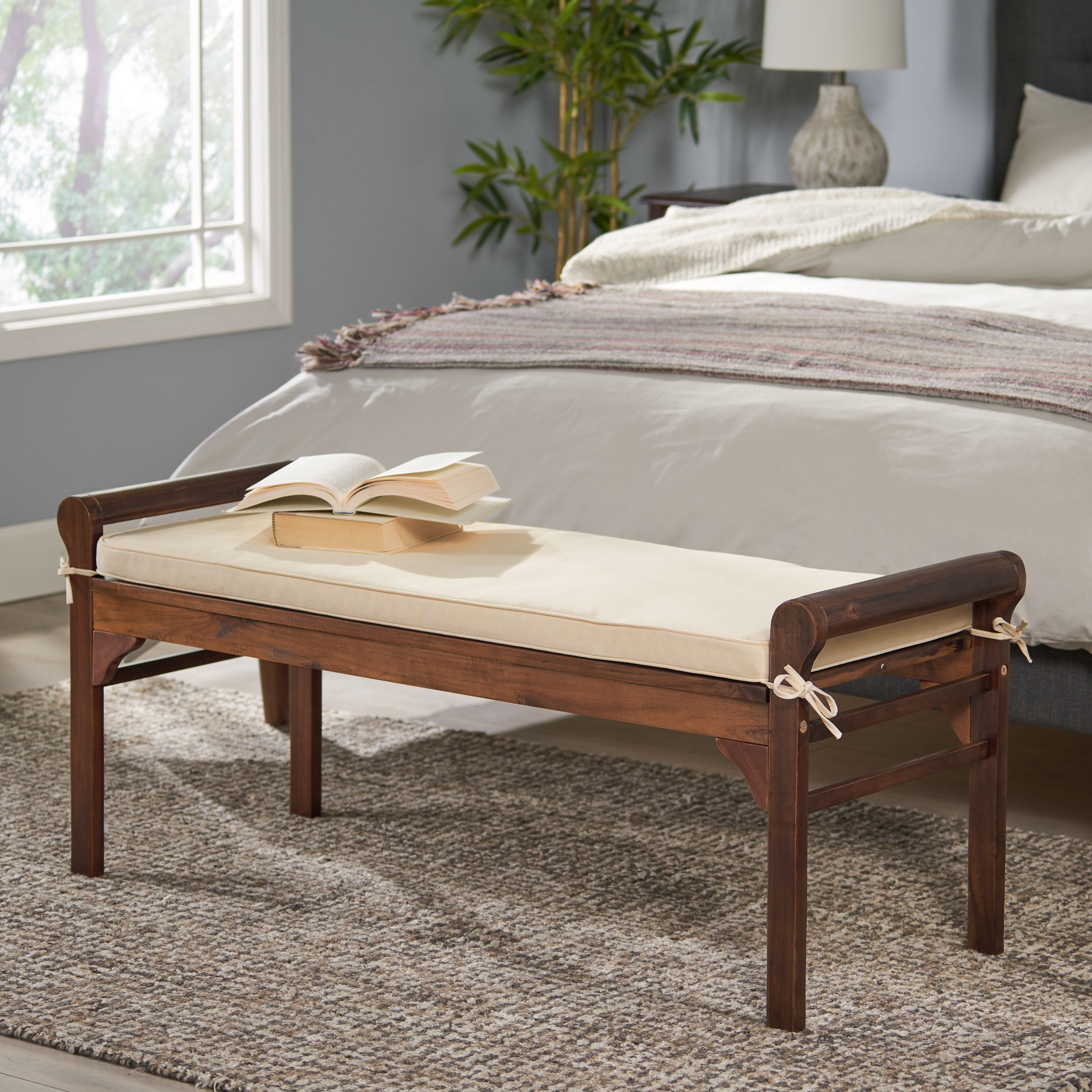 Nelson Rustic Acacia Wood Bench with Cushion by Christopher Knight Home