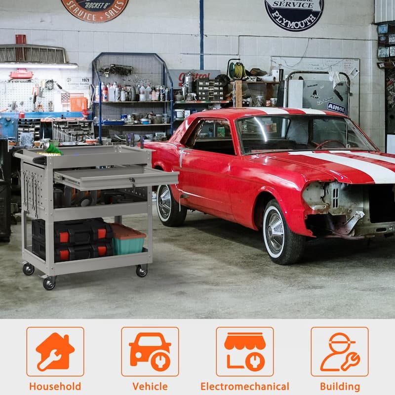 3-Tier Rolling Tool Cart on Wheels for Mechanics with Utility Drawer