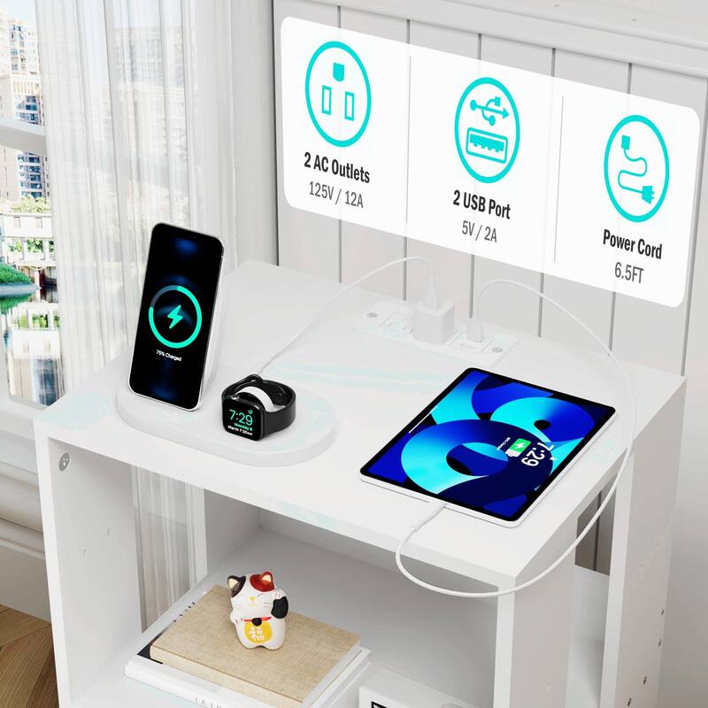 2-Pack LED Nightstands with Charging Station & Fabric Drawers