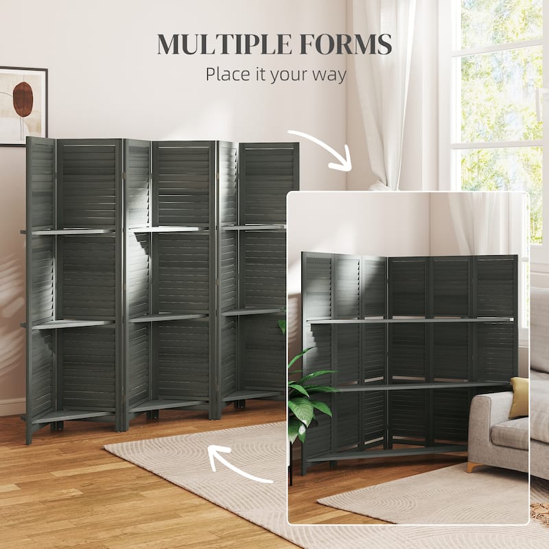 HOMCOM Room Divider, 6 Panel 67" Tall Wood Privacy Screen with 3 Display Shelves, and Folding Storage for Bedroom, Gray