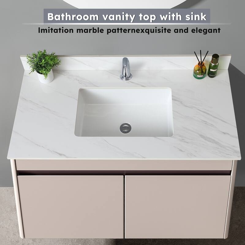 43" Bianco Venato Carrara White Vanity Top with Ceramic Sink, 4" Backsplash, Pre-Drilled Faucet Hole, Sintered Stone Material