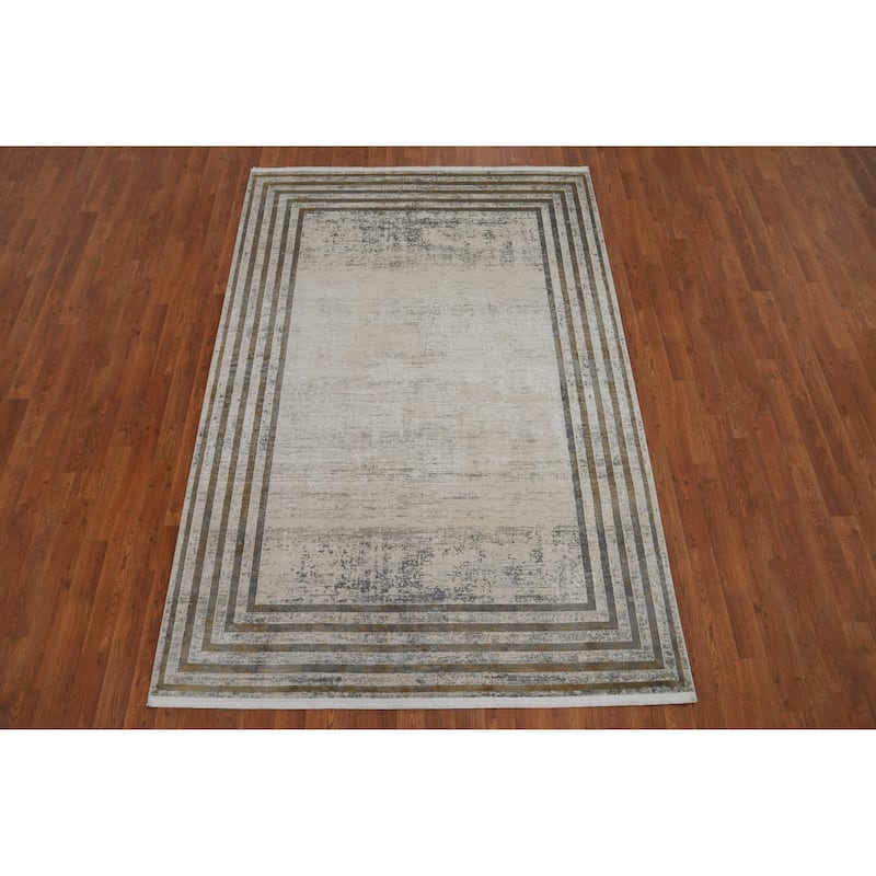 Machine Made Oriental Polyester Carpet Geometric Beige & Ivories Distressed Area Rug - 7' 5'' X 5' 2''