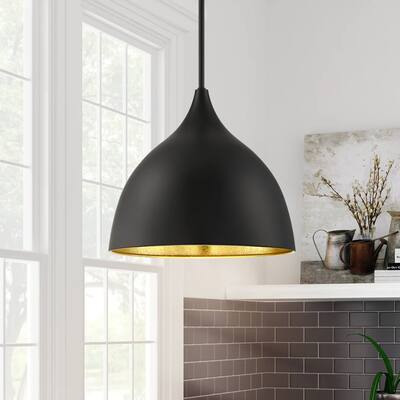 Agnes 1-Light Matte Black Modern Metal Pendant Light with Gold Interior - 14 in. W