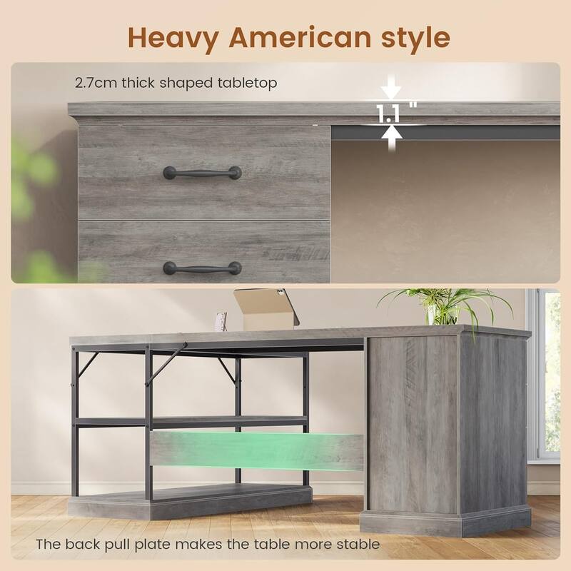 L Shaped Desk Drawers Storage Shelves Executive Home Office Desk
