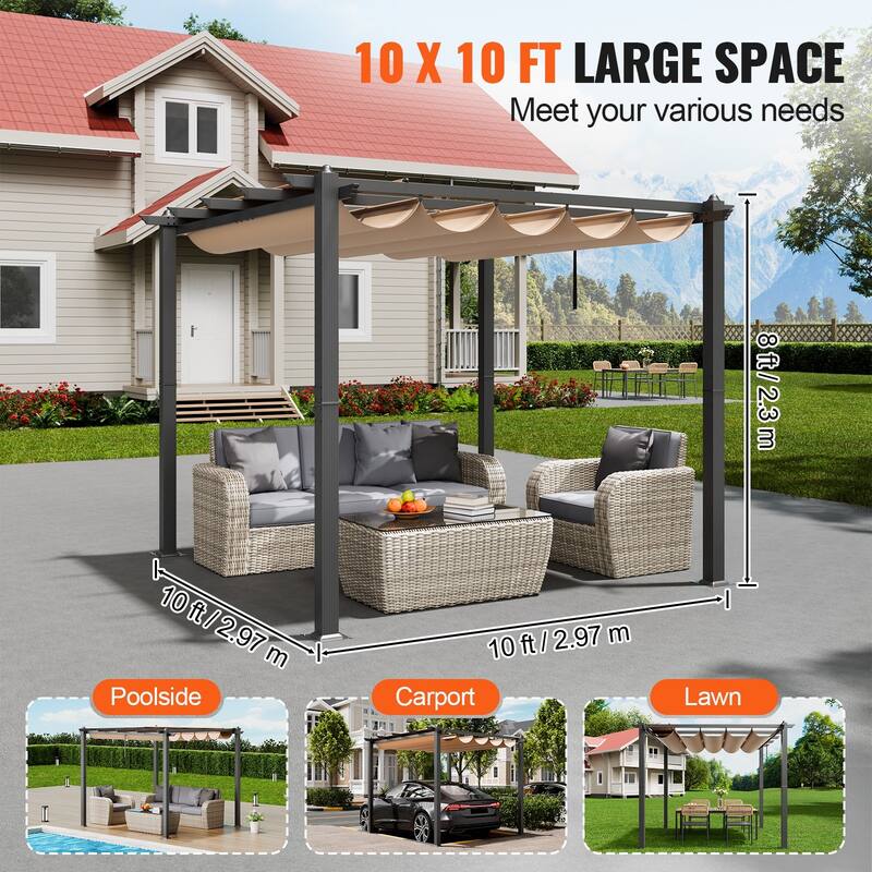 10 x 10 Feet Outdoor Retractable Pergola with Sunshade Canopy and Heavy-Duty Aluminum Frame