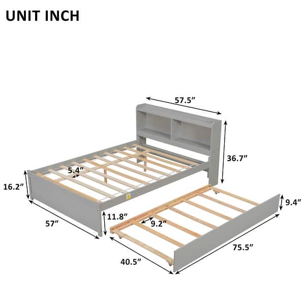 dimension image slide 0 of 3, Full Size Solid Wood Platform Bed with Twin Trundle and Headboard Storage