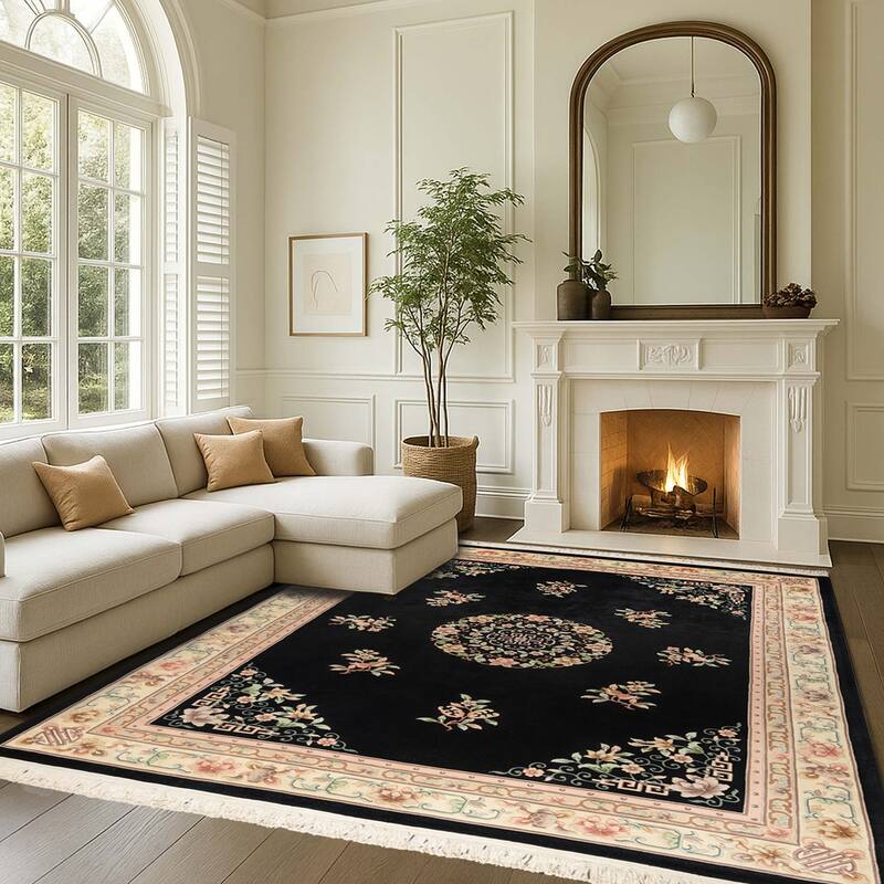 Gertmenian Oriental Estate Traditional Oriental Floral Border Metallion Hand Knot Wool Area Rug Collection - Onyx Garden - 9x12
