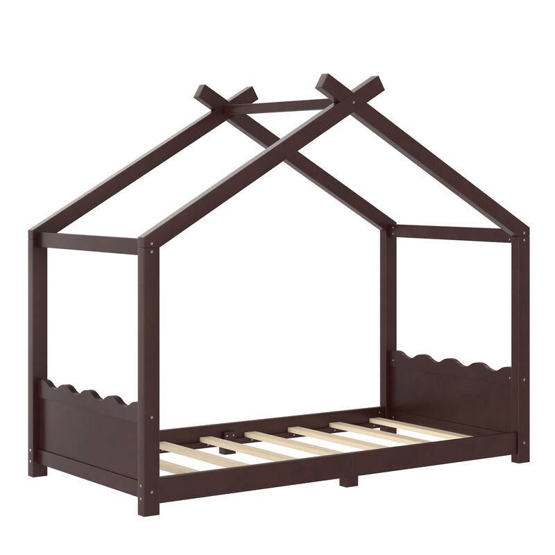 Twin House Floor Bed with Support Slats, Solid Wood House Bed Frame for Kids, No Box Spring Needed