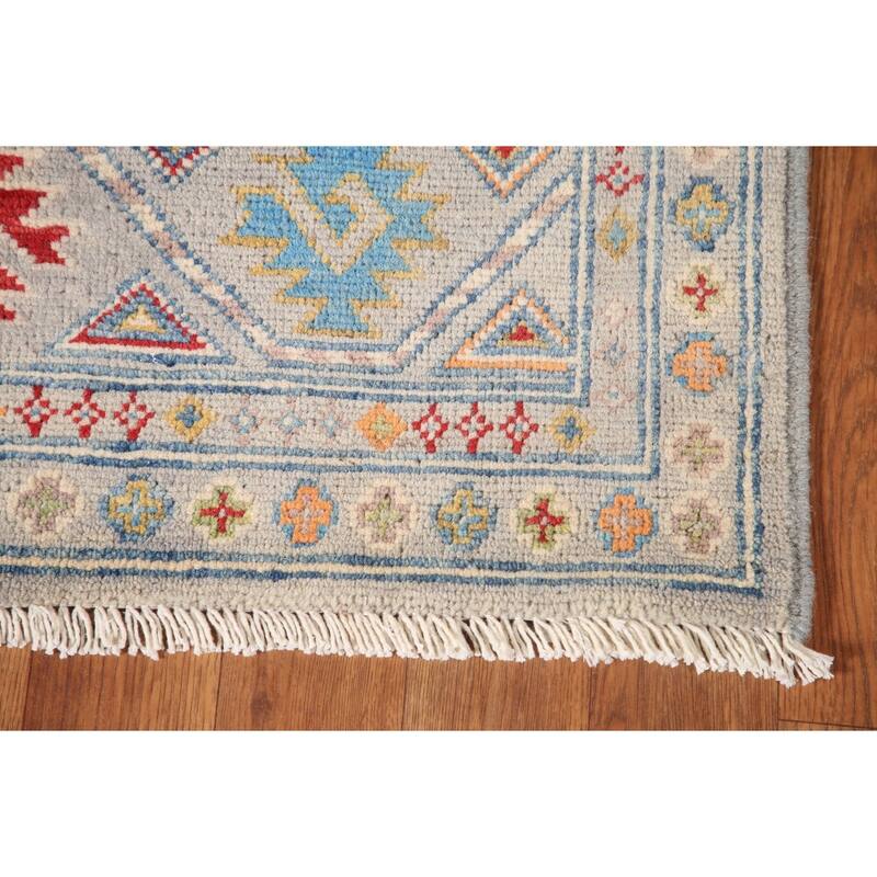 Traditional Kazak Area Rug Hand-Knotted Grey Wool Carpet - 4'0" x 5'11"
