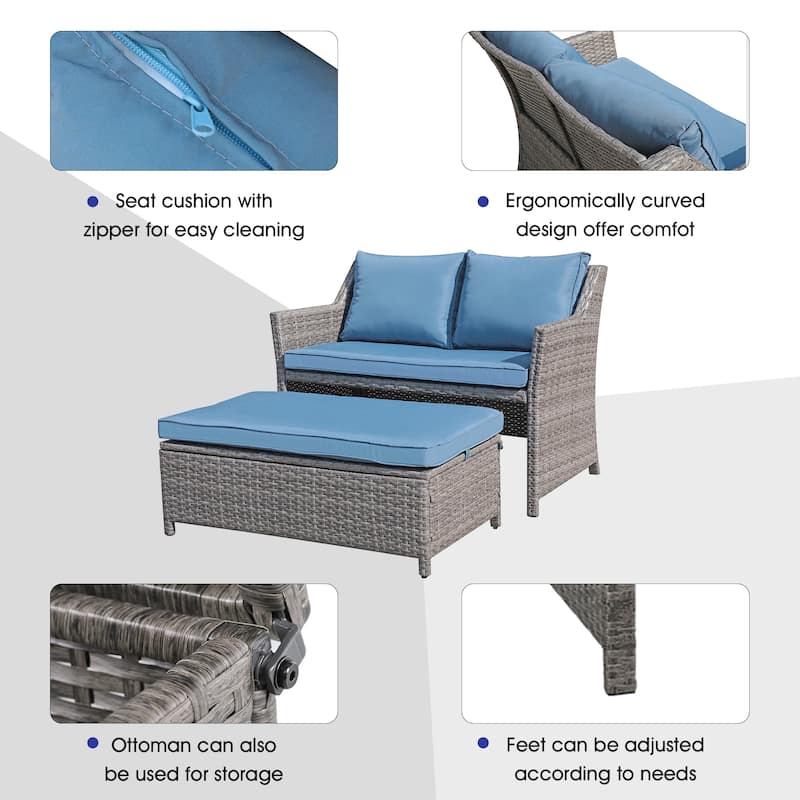 2-Piece Outdoor Patio Furniture Wicker Loveseat and Storage Ottoman