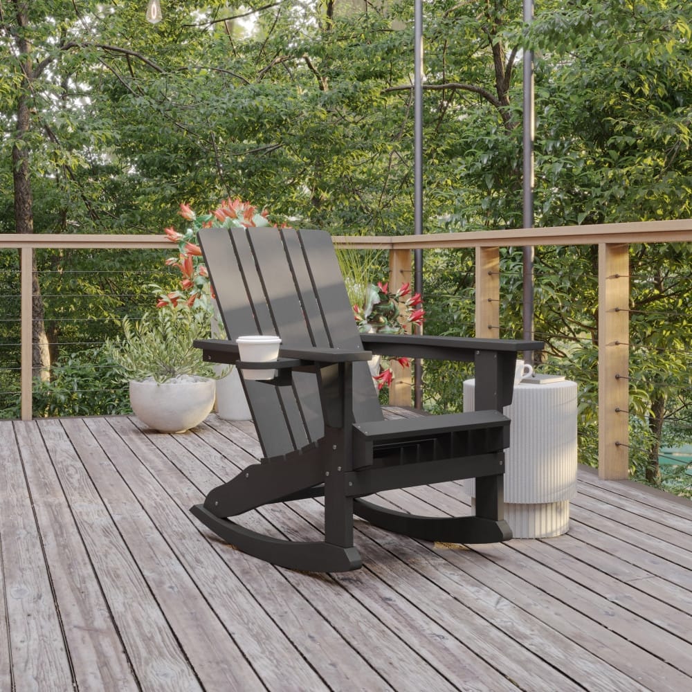 Commercial All-Weather Rocking Adirondack Chair with Swiveling Cupholder