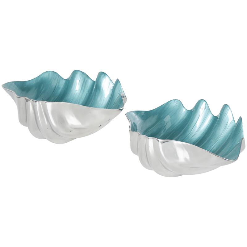 Aluminum Metal Shell Enameled Decorative Bowl with Silver Metal Exterior - Set of 2 Teal or White - Roche River Decor