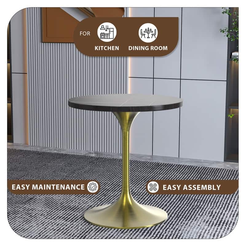 LeisureMod Verve 27" Round Dining Table with Sintered Stone TableTop and Brushed Gold Base for Kitchen & Dining Room