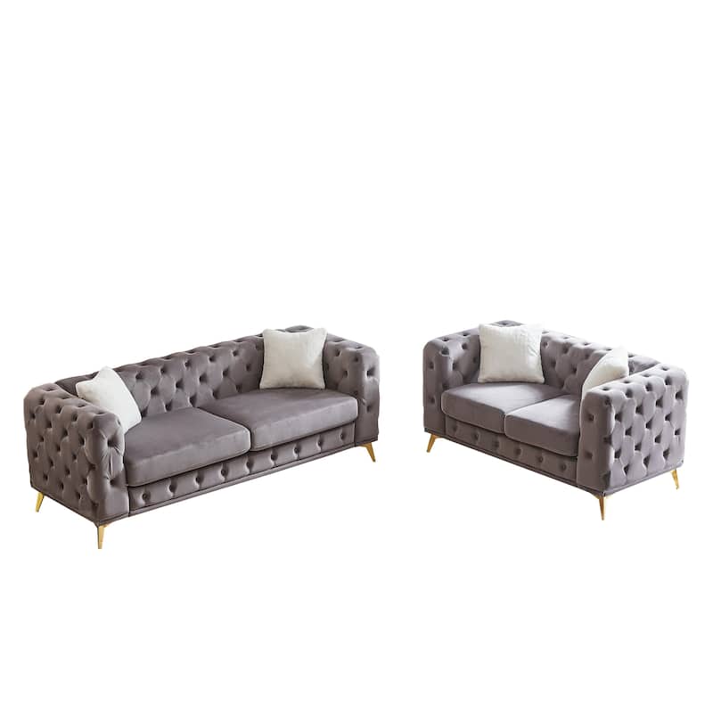 2+3 Seater Chesterfield Sofa Set, Velvet Loveseat & Deep Seat Lounge Couch with Tufted Design and Removable Cushions