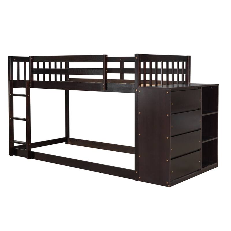 Twin over Twin Bunk Bed with 4 Drawers and 3 Shelves