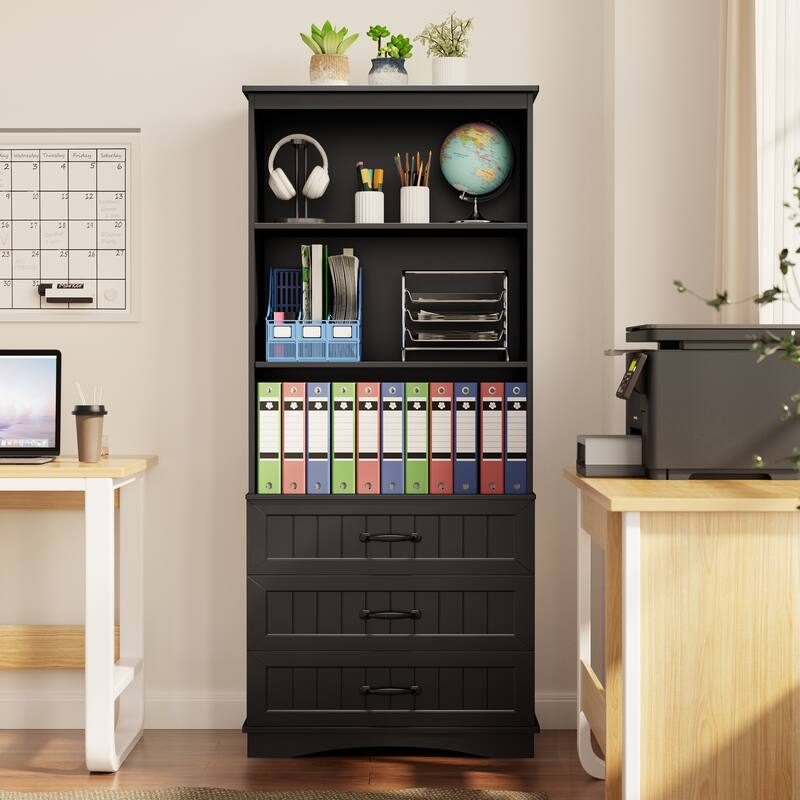 70'' Tall Bookcase with 3 Drawers Wooden Bookshelf with Storage Cabinet - Black