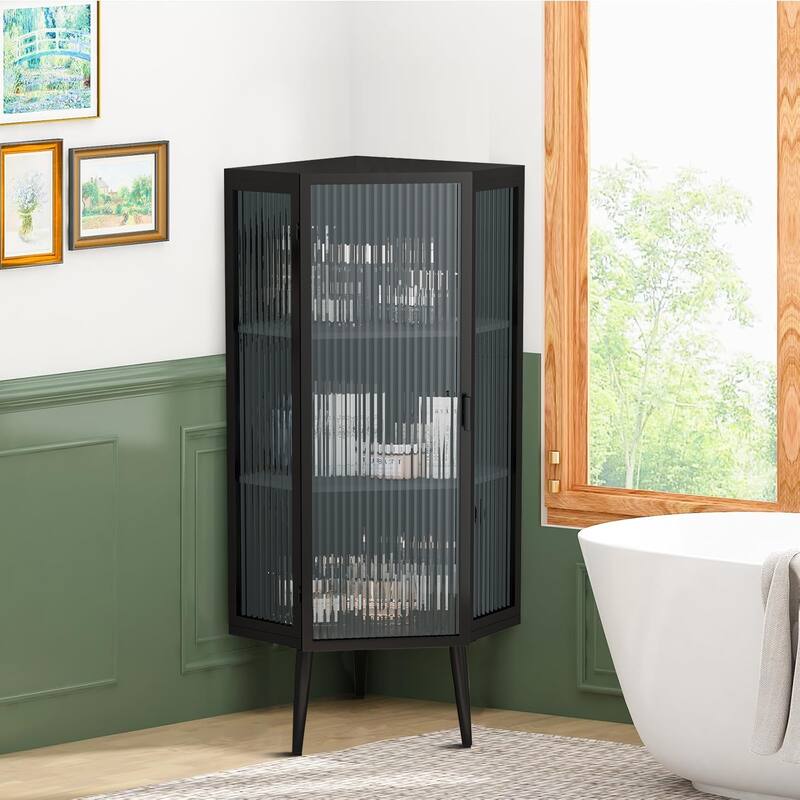 Modern Iron Coner Bathroom Storage Cabinet with Glass Sides and Doors - Black