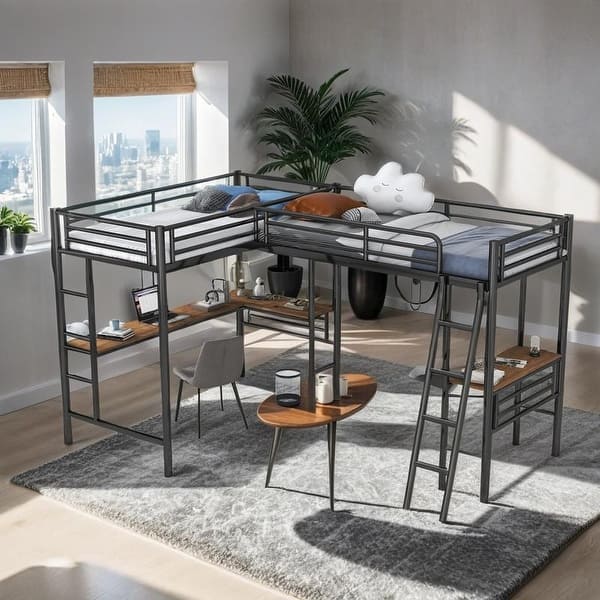 slide 2 of 15, Twin Size Metal Loft Bed with Two Built-in Desks, 2 Beds in 1, Black Black