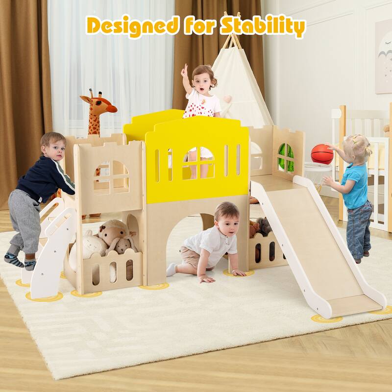 Gymax 7-in-1 Toddler Slide Set Wooden Castle-Shaped Entertainment
