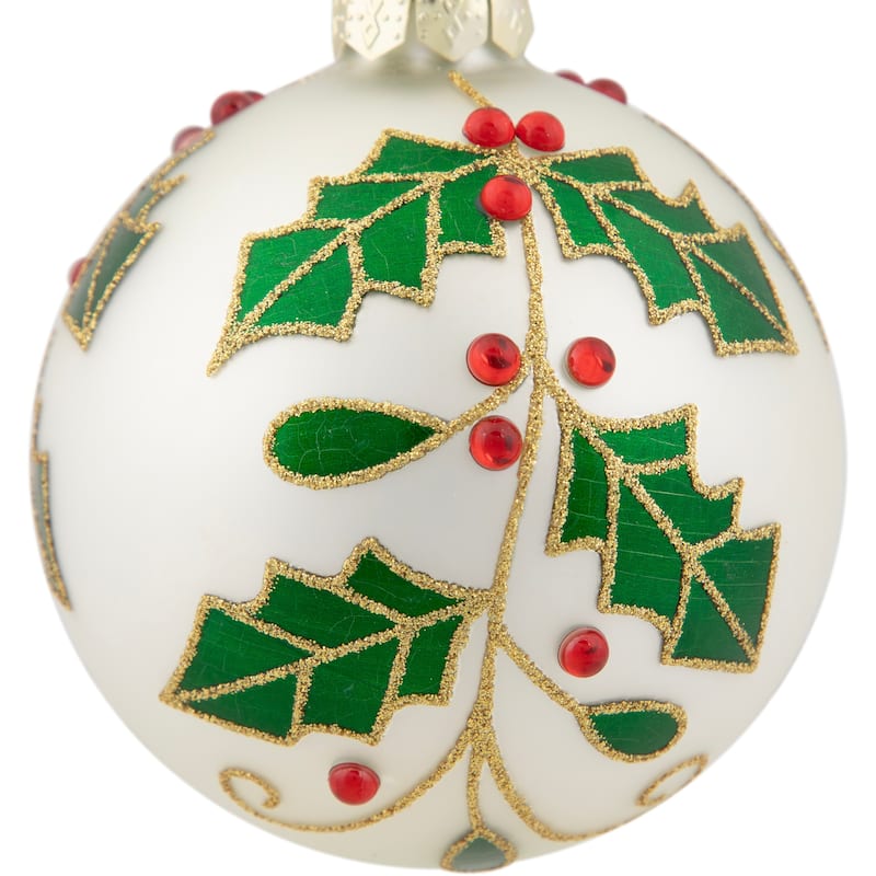 Holly and Berries Christmas Glass Ball Ornament - 4" - White and Green