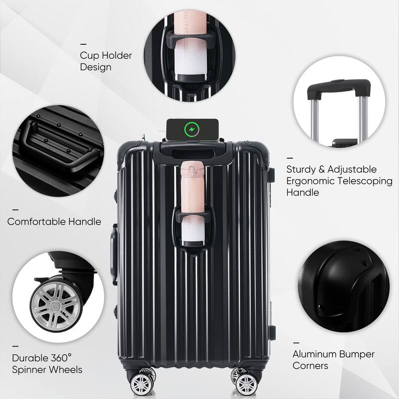 24in Aluminum Frame Luggage with USB port, Vacation Carry-On Suitcase with Spinner Wheels and TSA Lock, Travel Trolley Case