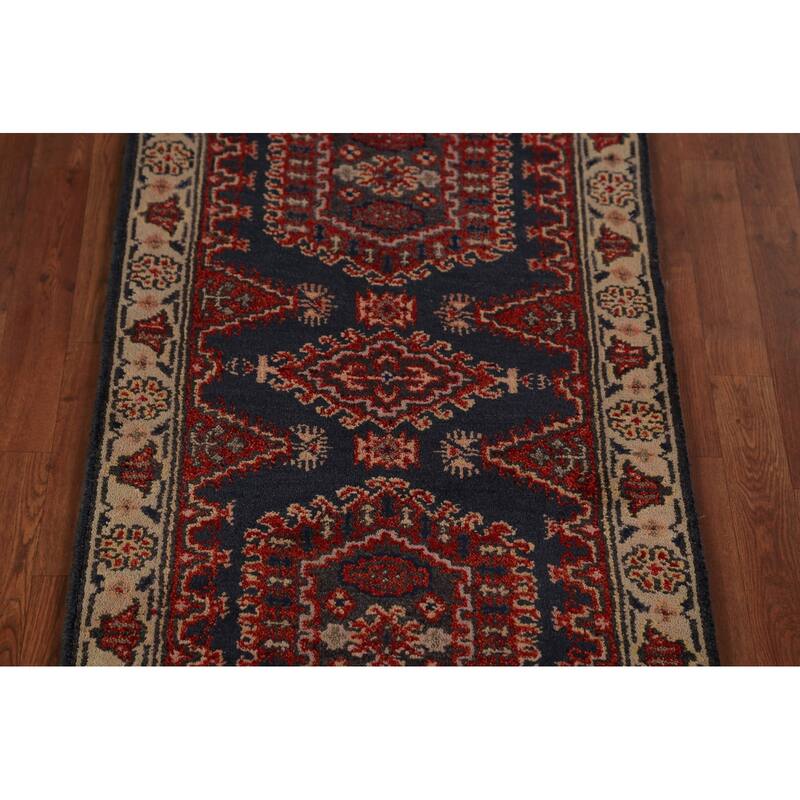 Geometric Viss Indian Runner Rug Handmade Wool Carpet - 2'7"x 8'0"
