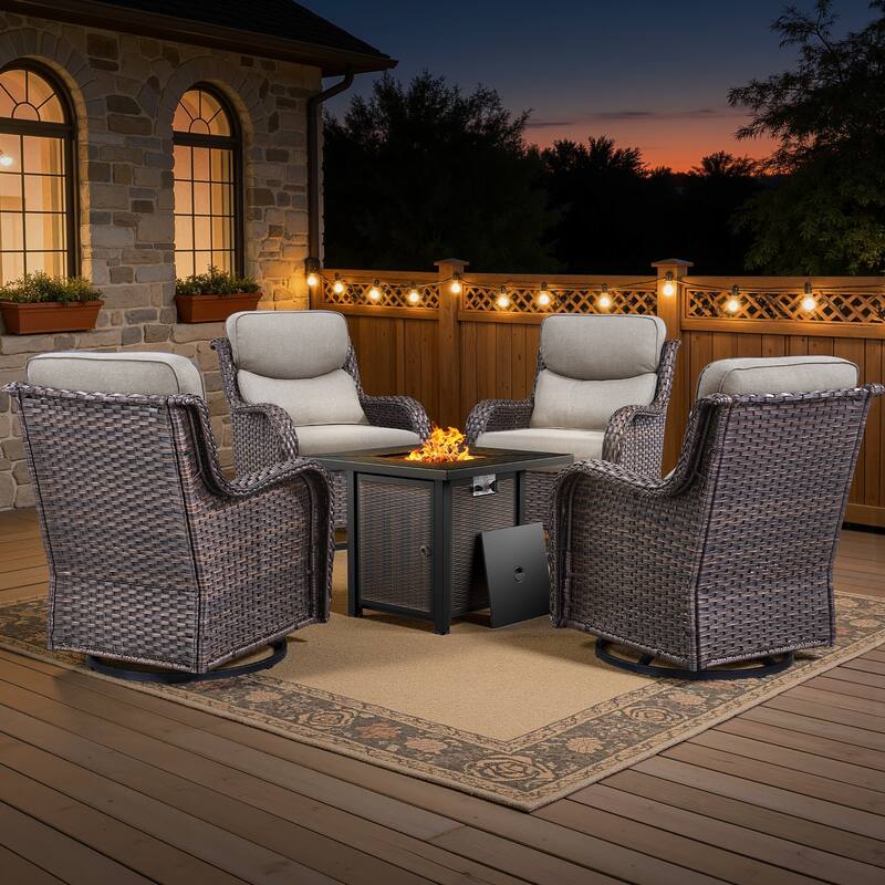 Meyreso 5-Piece Outdoor Patio Wicker Fire Pit 4 person Conversation Set with 5-Inch Thick Cushions