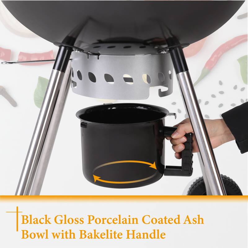 22" Kettle Enamel Charcoal Patio Grill with Built-in Thermometer