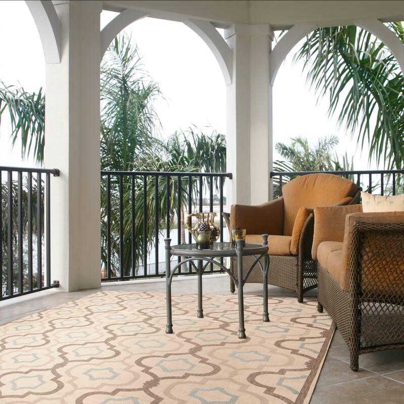 SAFAVIEH Courtyard Rasita Indoor/ Outdoor Waterproof Patio Backyard Rug - 9' x 12' - Beige/Navy