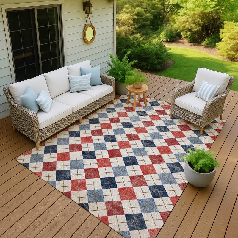 Machine Washable Indoor/ Outdoor Modern Argyle Chantille Rug - Red - 10' x 14'