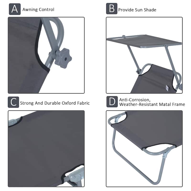 Outdoor Lounge Chair, Adjustable Folding Chaise Lounge with Sun Shade