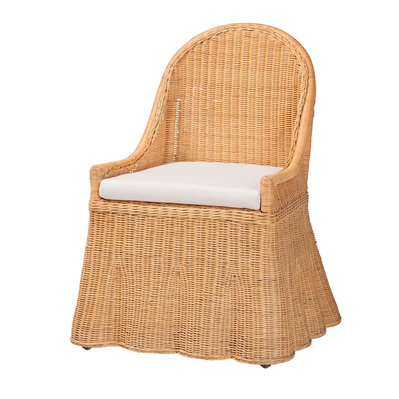Maya Natural Rattan Accent Chair - Hand Woven Wicker Dining Chair with Scalloped Skirt and Cushion, Coastal Boho Style Seating - Light Honey