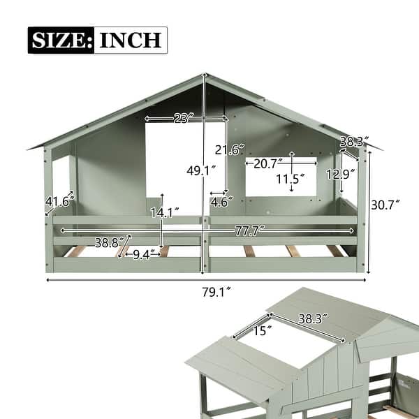 dimension image slide 2 of 5, Wood House Bed with Roof & Door, Window and Guardrail