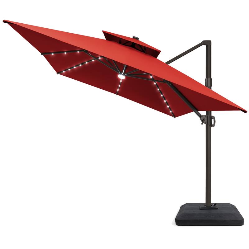 10 X 13 FT Outdoor Patio Cantilever Umbrella with Solar Lights 4-Piece Premium Base Double Canopy 360 Rotation Tilt