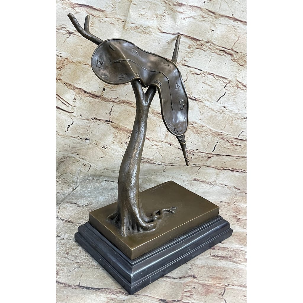 Bronze Surreal Melting Clock Sculpture Inspired By Dali On Marble Base