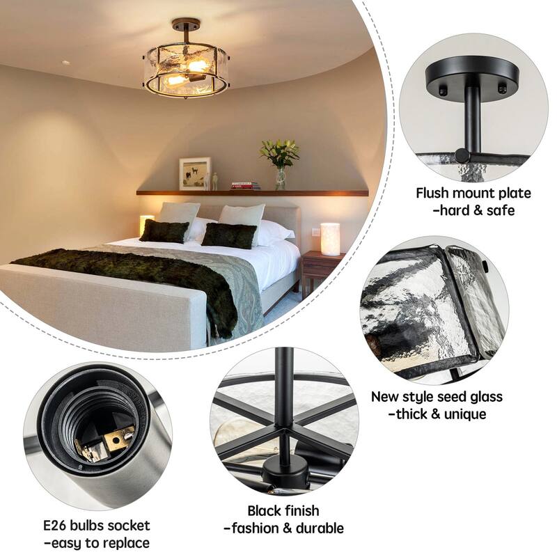Starsky 2-Light 13in. Modern Caged Drum Semi Flush Mount with Textured Glass Shade
