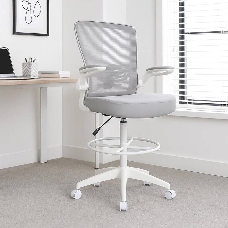 Dea Drafting Stool Chair, Flip-Up Arms, Gray Mesh, Chrome Footring