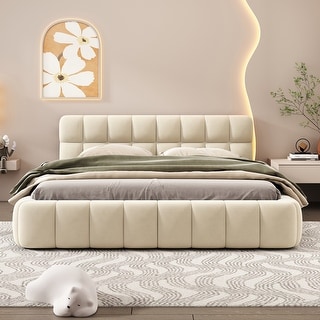 Beige Queen Size Grounded Bed Solid Wood Slat Support Low-Profile Platform Frame Edge Thick Fabric Frame Futon Headboard