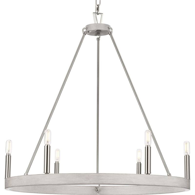Galloway Collection 6-Light 28.25 in. Brushed Nickel Modern Farmhouse Chandelier with Grey Washed Oak Accents - Medium
