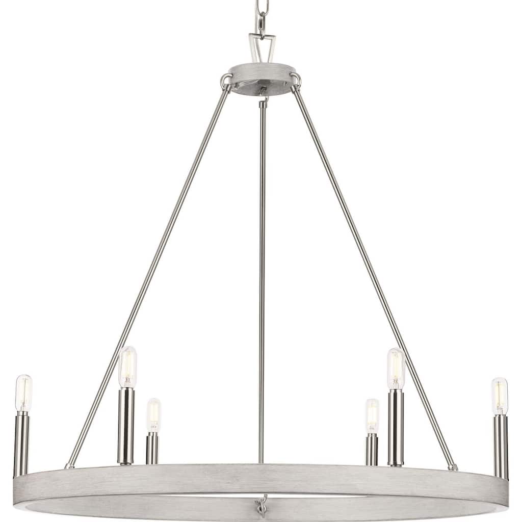 Galloway Collection 6-Light 28.25 in. Brushed Nickel Modern Farmhouse Chandelier with Grey Washed Oak Accents - Medium