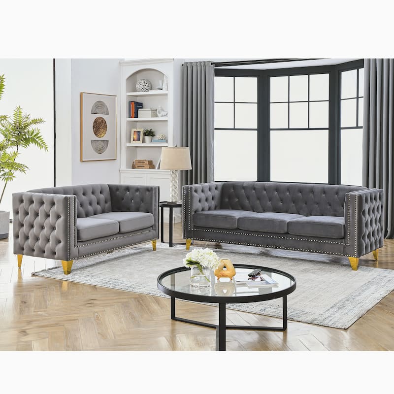 Roomfitters 5-Seater Velvet Sofa Set, 3+2 Chesterfield Square-Arm Tufted Couches with Nailhead Trim and Gold Legs