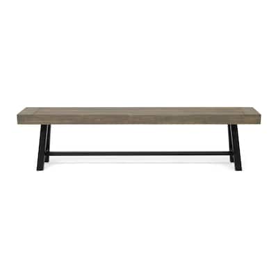 Roomfitters Outdoor Acacia Wood Patio Bench, Garden Rustic Metal Frame for Porch or Backyard, Grey