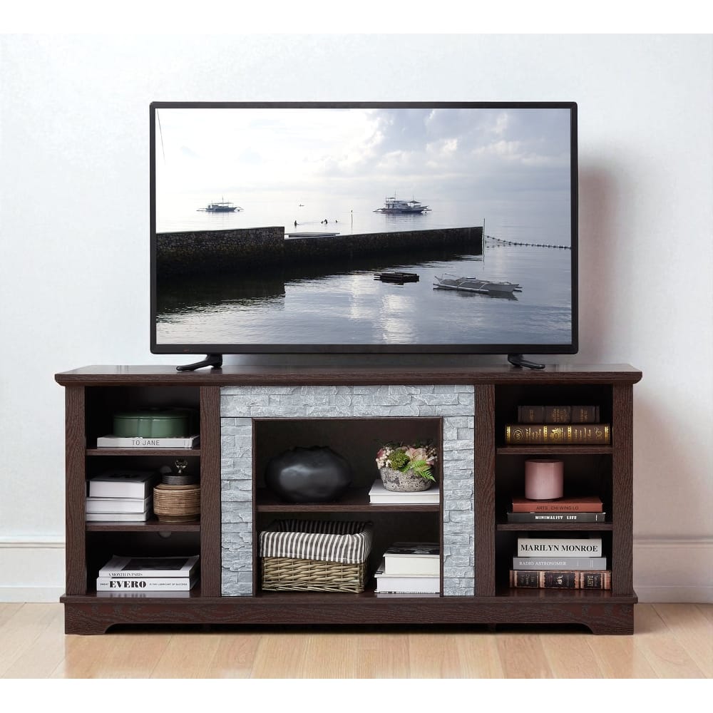 Mantel Stone 58" TV Stand with Faux Stacked Stone Surround, Modern Media Console with Open Storage & Cable Management